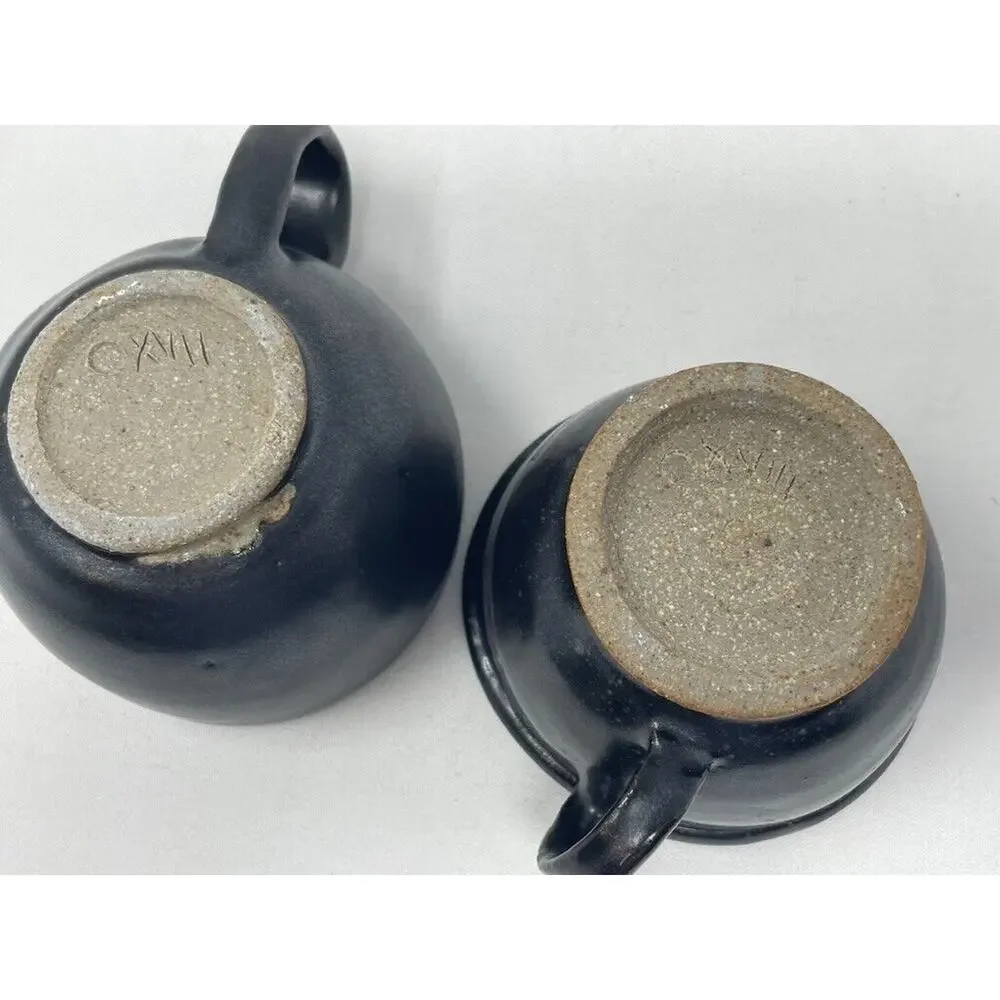 Coffee‎ Mug Set Pottery Hand Thrown Signed 8oz Short Dark